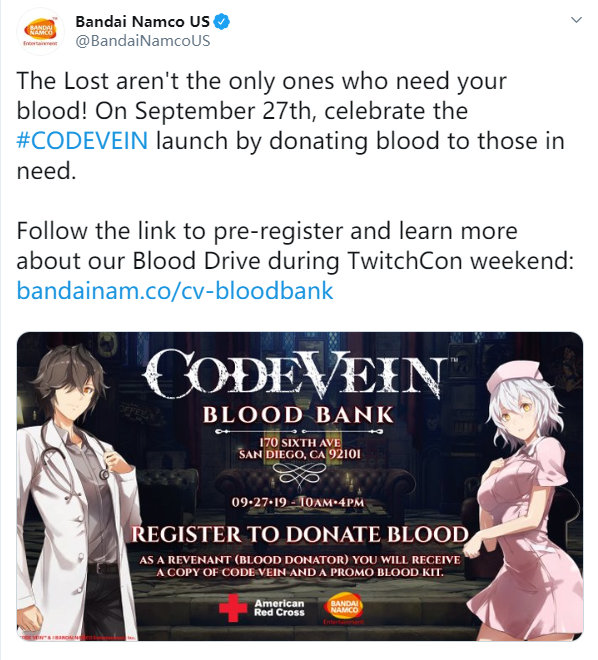 北美万代推出“吸血”活动 玩家献血免费得《噬血代码》